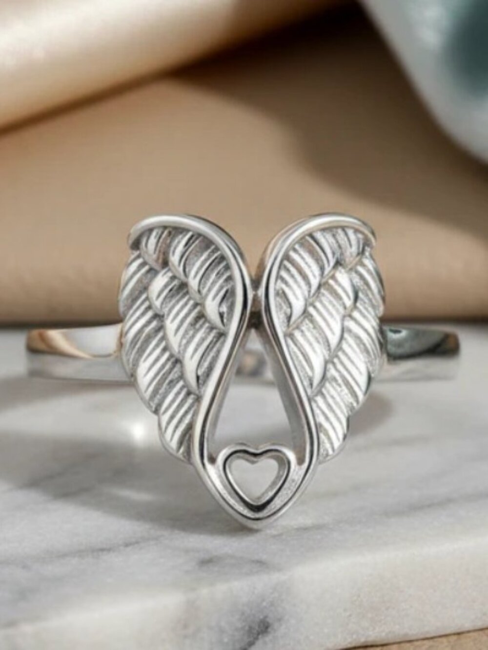 Angel Wings & Heart Ring 925 Sterling Silver High Polished Women's - Picture 8 of 15